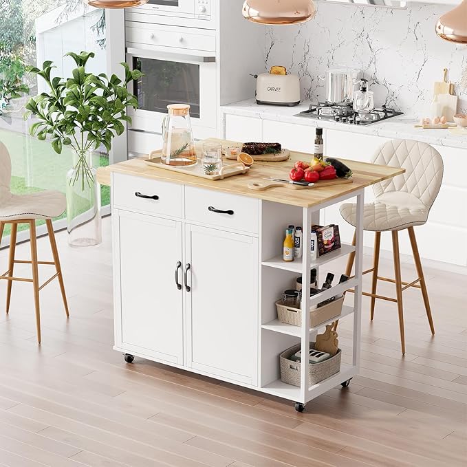 IDEALHOUSE Rolling Kitchen Island Cart with Drop Leaf, Kitchen Storage Cabinet On Wheels with 2 Drawers, 3 Open Spice Racks and Towel Rack,White