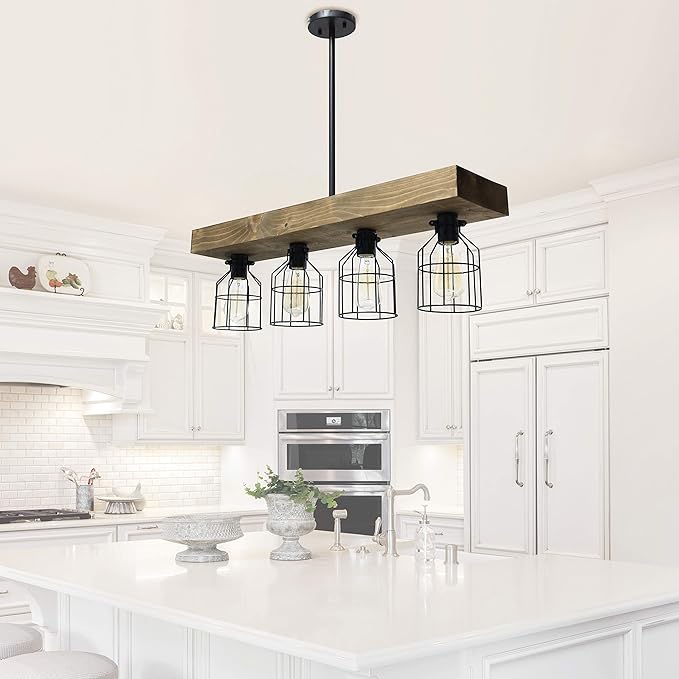 Elegant Designs CH1001-RWD 4 Light Rustic Farmhouse Industrial Wired Cage Pendant Island Light Chandelier, Restored Wood