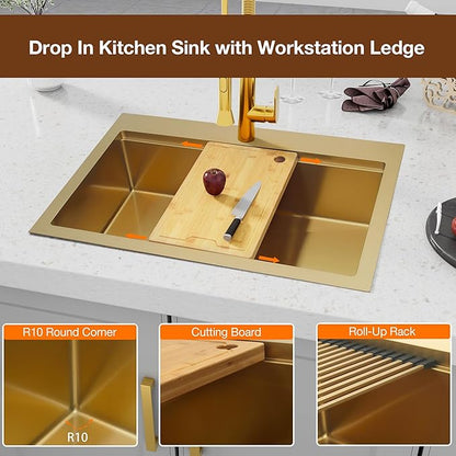 Gold Kitchen Sink 33" X 22",Drop In/Top Mount 16 Gauge Stainless Steel Workstation Sink,Deep & Large Single Bowl Kitchen Sinks (Gold, 33" X 22")