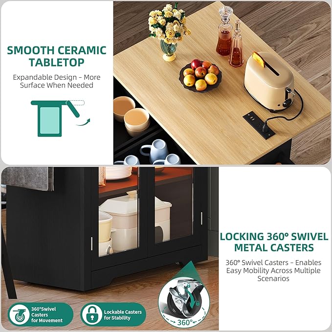 YITAHOME Rolling Kitchen island with Seating and LED Lights, Mobile Storage Islands with Drop Leaf, Dining Table with Power Outlet, 2 Drawers and Soft Stools, Spice/Towel Rack, Lacquered Finish, Black