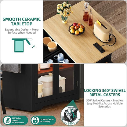 YITAHOME Rolling Kitchen island with Seating and LED Lights, Mobile Storage Islands with Drop Leaf, Dining Table with Power Outlet, 2 Drawers and Soft Stools, Spice/Towel Rack, Lacquered Finish, Black
