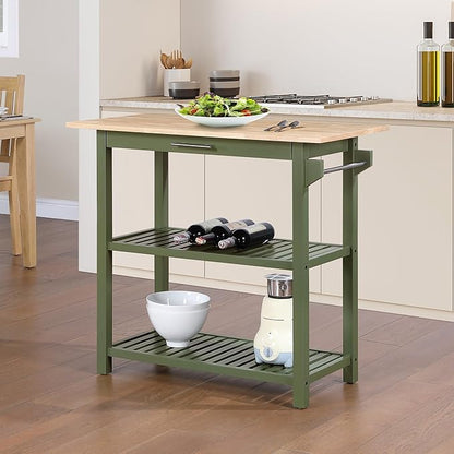 Convenience Concepts Designs2Go 3 Tier Butcher Block Kitchen Prep Island 40" - 3 Tier Modern Cooking Cart with Drawer, Food Serving Station for Kitchen, Dining Room, Dark Green Sage