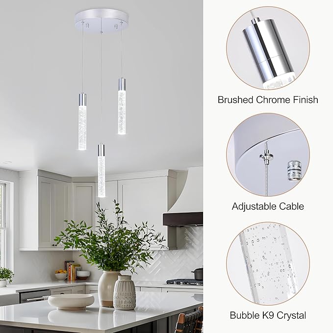 3 Light Pendant Lights Kitchen Island,Modern LED Bubble Crystal Pendants with Dimmable 3000K-6000K Ceiling Hanging Light Fixture for Dining Room Bedroom,Chrome Finish,Adjustable Height 59"