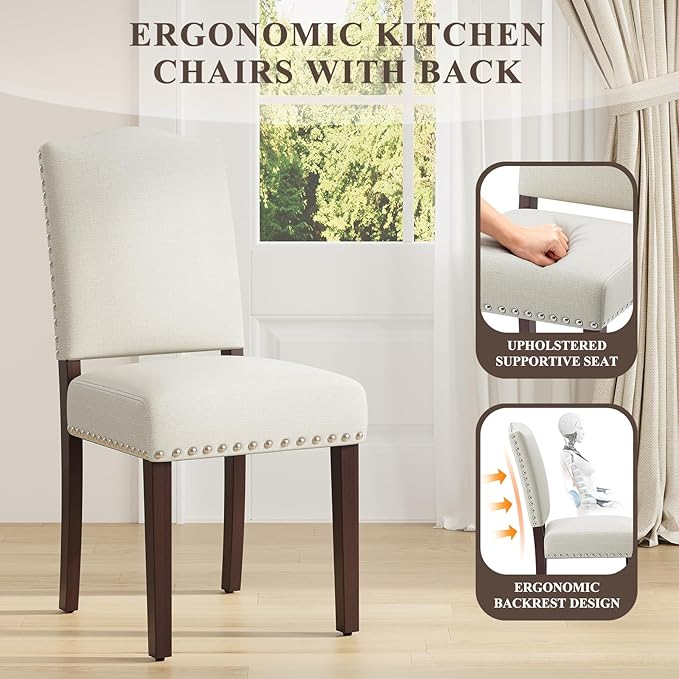 Upholstered Parsons Dining Chairs Set of 2, Modern Dining Room Chairs with Back, Fabric Kitchen Side Chairs with Wood Legs, Nailhead Trim for Dinner Farmhouse Restaurant, Beige