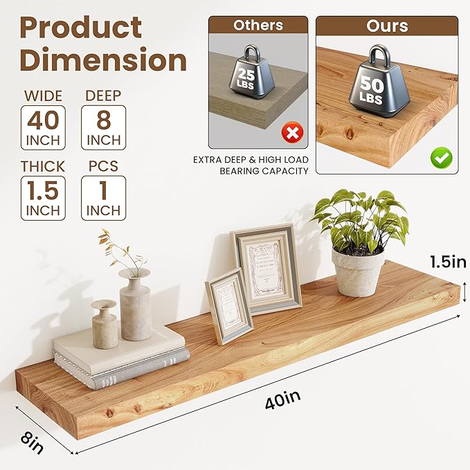 Acovy Extra Deep 40" Long Rustic Solid Wood Floating Shelves for Wall, Wall Shelves with Invisible Bracket for Living Room Bathroom Bedroom Kitchen, Set of 1, Walnut