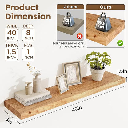 Acovy Extra Deep 40" Long Rustic Solid Wood Floating Shelves for Wall, Wall Shelves with Invisible Bracket for Living Room Bathroom Bedroom Kitchen, Set of 1, Walnut