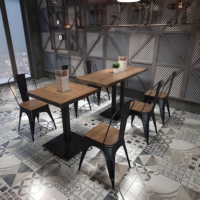Commercial Dining Table, Metal Industrial Pedestal Dining Wood Top Table Kitchen Dining Room Minimalist Cafes Tea Shops Restaurant Rectangular Square Tables with Iron Legs