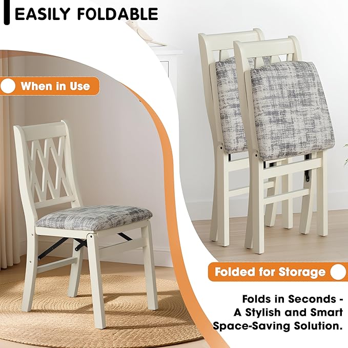 East West Furniture - PNC-LWH-30– Plano Folding Kitchen Chairs with PU Leather Seat, Ready to Use, 3-X Back Design, Set of 2, Linen White Wood Finish