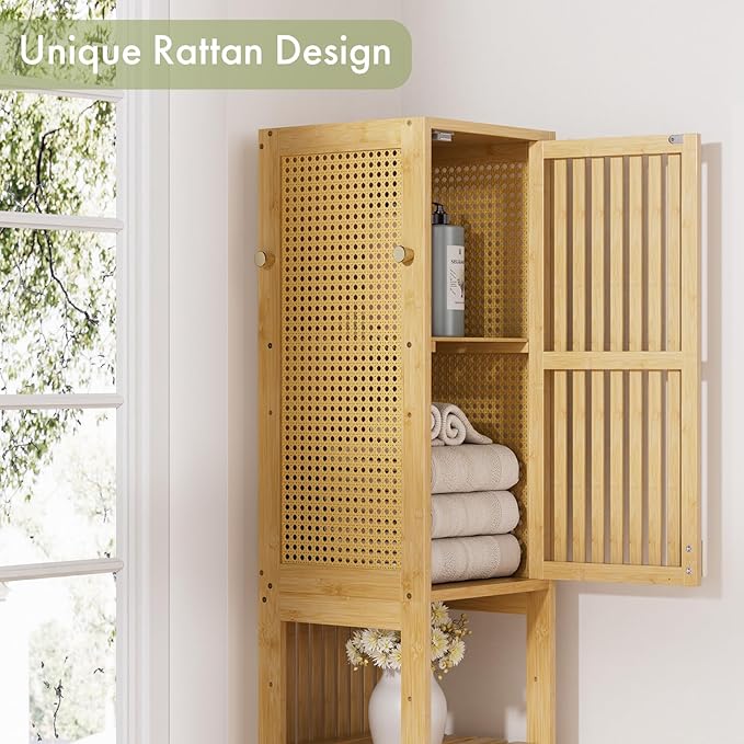 Amazer 70'' Tall Bathroom Storage Cabinet Bamboo, Narrow Storage Cabinet with Rattan Doors and Adjustable Shelves, Slim Freestanding Organizer for Living Room, Kitchen, Natural Color