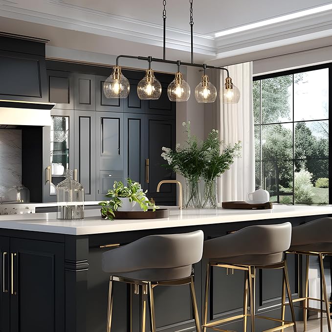 KSANA Chandeliers for Dining Room, 5 Light Linear Chandelier Modern Farmhouse Kitchen Island Light with Seeded Glass Pool Table Light for Kitchen, Dining Room, Living Room
