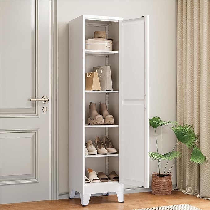 COFaR 67" Tall Bathroom Storage Cabinet, White Metal Storage Cabinet with Magnetic Door & 4 Adjustable Shelves, Slim Freestanding Cupboard for Kitchen, Bathroom, Living Room