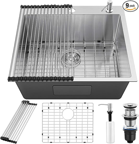 25x22Inch Drop In Kitchen Bar Sink, Herogo Stainless Steel Handmade 10'' Deep Topmount Single Bowl Kitchen Workstaion Rv Sink Basin for Laundry Room Utility with Accessories