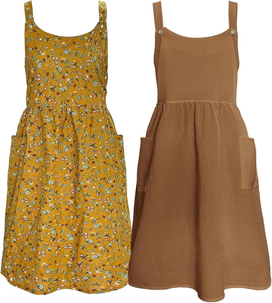 Cityelf Vintage Pinafore Apron Dress Snap Adjust Linen Cotton with Pockets Floral Aprons for Cooking Gardening