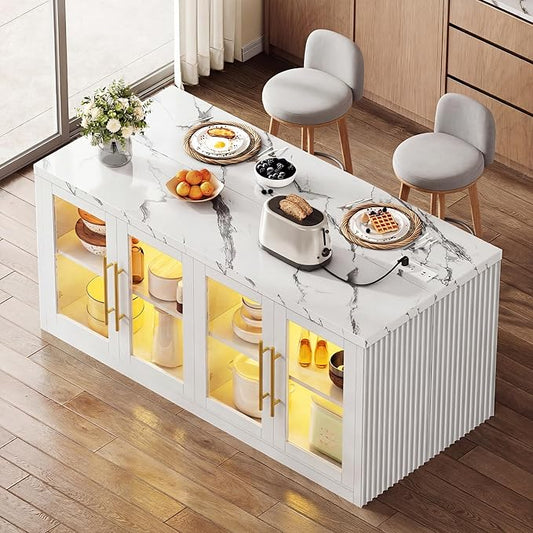Kitchen Island with Storage, 55" W Large Island Table with LED Light for Dining Room, Kitchen Carts on Wheels Breakfast Bar Table w/Power Outlet, White