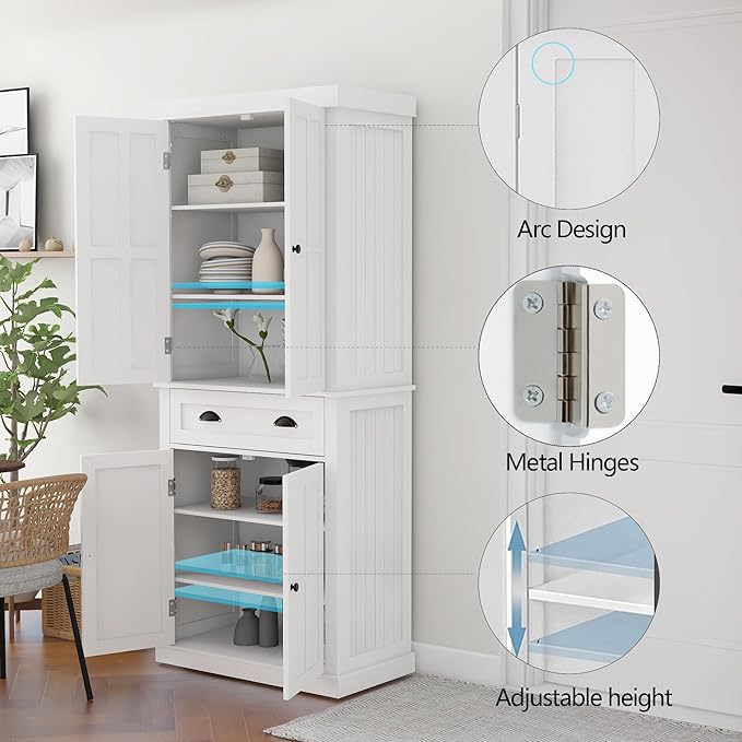 RASOO 70.87" Hutch Cabinet with Storage Freestanding White Pantry Storage Cabinet with 1 Drawer and 4 Doors, 3 Adjustable Shelves Inside of The Buffet Cabinet