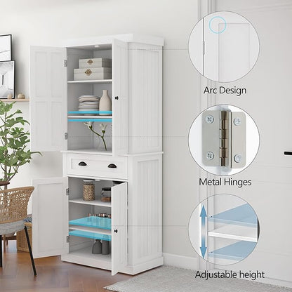 RASOO 70.87" Hutch Cabinet with Storage Freestanding White Pantry Storage Cabinet with 1 Drawer and 4 Doors, 3 Adjustable Shelves Inside of The Buffet Cabinet
