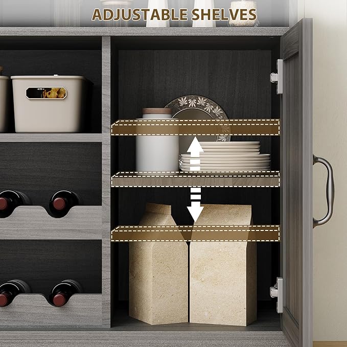 47" Farmhouse Coffee Bar Cabinet with Storage, Buffet Cabinet with Goblet Holder, 5Hooks, Power Outlets, Sideboard Cabinet Coffee Bar Table with Adjustable Shelves for Kitchen & Living Room, Grey