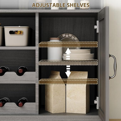 47" Farmhouse Coffee Bar Cabinet with Storage, Buffet Cabinet with Goblet Holder, 5Hooks, Power Outlets, Sideboard Cabinet Coffee Bar Table with Adjustable Shelves for Kitchen & Living Room, Grey