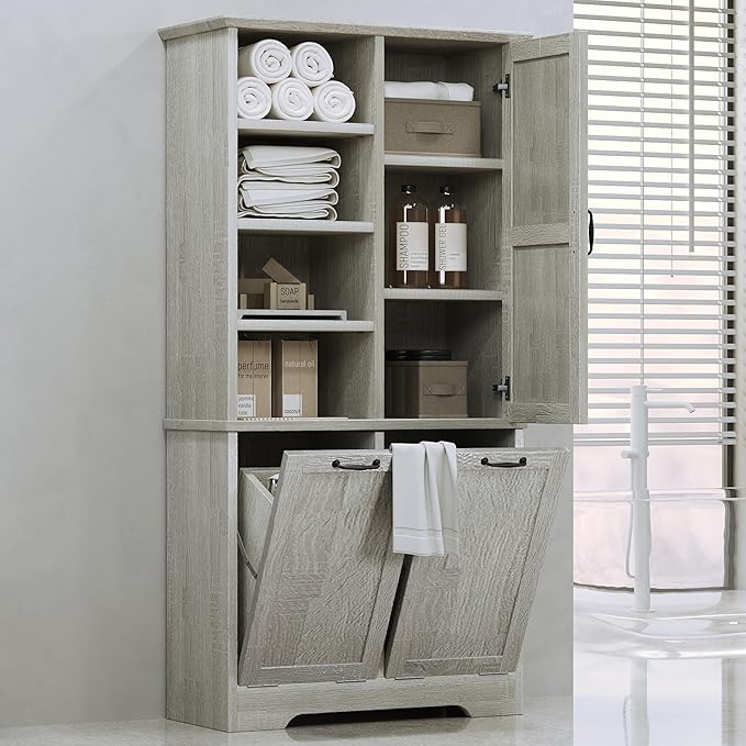 68" Tall Bathroom Storage Cabinet with One Door and Two Laundry Hampers for Home Display Organizer, Adjustable Shelf, Oak