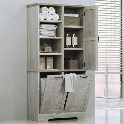 68" Tall Bathroom Storage Cabinet with One Door and Two Laundry Hampers for Home Display Organizer, Adjustable Shelf, Oak