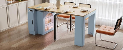 LifeSky Extendable Dining Table with Storage: Expandable Mobile Kitchen Island Table with Power Outlet & LED Light for Small Apartments - Modern Folding Cabinet Table for Dining Room & Living Room (Gr