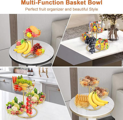 Livabber Fruit Basket Bowl with Banana Hanger, Fruit Vegetable Storage Basket with Banana Tree Holder for Kitchen Counter, Detachable Organizer for Bread Snack Produce (Gold, 3-Tier Metal Base)