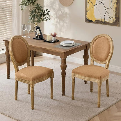 SoarFlash French Dining Chairs Set of 2, Vantage Linen Dining Chair with Round Back, Wood Leg Farmhouse Country Dining Chair for Living Room,Kitchen,Bedroom,Brown