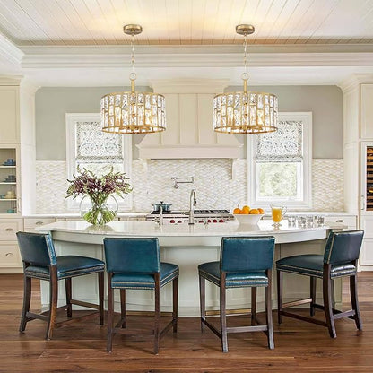 MEXO Farmhouse Crystal Convertible Chandelier and Semi Flush Mount Lighting Gold Cylinder Drum Shade Pendant for Kitchen Island Dining Room Bedroom Hallway