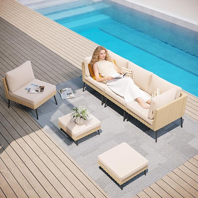Aoxun 6-Piece Patio Furniture Set, Wicker Outdoor Furniture with Water Resistant Thick Cushions, Patio Conversation Set Outdoor Sectional Sofa with Coffee Table for Backyard Poolside, Beige