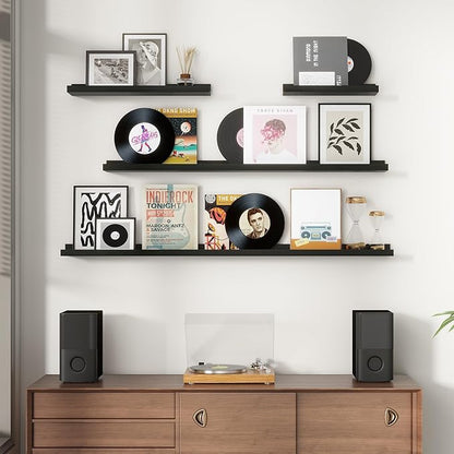 FLYJOE Picture Ledge Wall Shelves 48 inches Width Set of 3, Solid Pine Wood Rustic Floating Ledge Shelves for Wall for Kids' Room Bedroom Kitchen Bathroom Long Floating Shelves for Wall Decor, Black