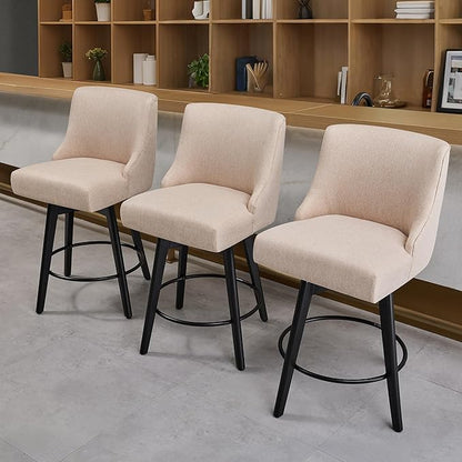 Counter Height Bar Stools Set of 2,Swivel Barstools with Backs and Wood Legs,Linen Fabric Upholstered Counter Stools for Kitchend Island,Mid-Century Modern 26"Seat Height Bar Chairs,Flax Beige