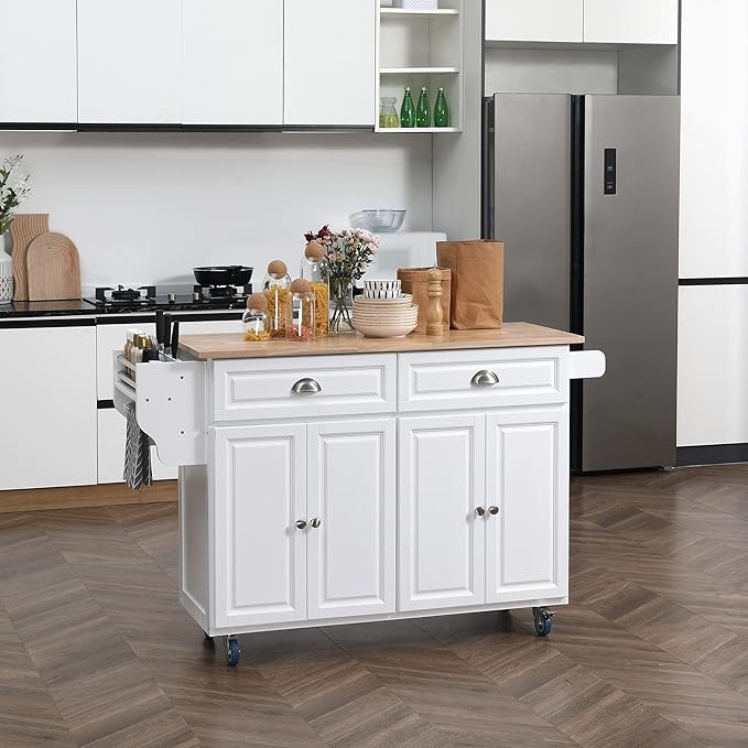 GOWE Rolling Kitchen Island on Wheels, Kitchen Cart with Solid Wood Drop Leaf Breakfast Bar, Storage Drawers, 4-Door Cabinets, Spice Rack, White