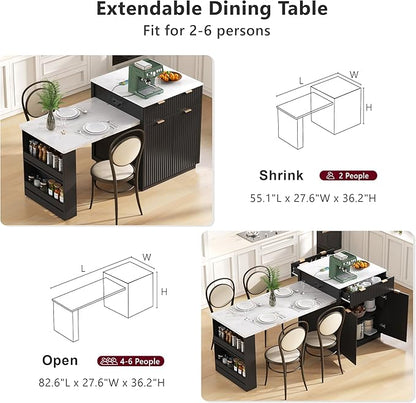 JIJIWANG 82.6" Fluted Kitchen Island with Extendable Dining Table for 4-6, Island Table for Kitchen with Power Outlet, Kitchen Table with Double-Side Storage, 2 Drawers 2 Side Open Shelves, Black