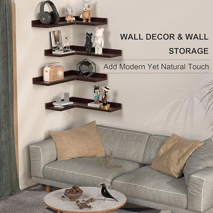 Corner Floating Shelves Set of 4, Rustic Pine Wood Corner Shelves for Wall Storage and Decor, L-Shaped Corner Wall Mounted Shelf for Bedroom, Living Room, Bathroom, Kitchen and more – Red Brown