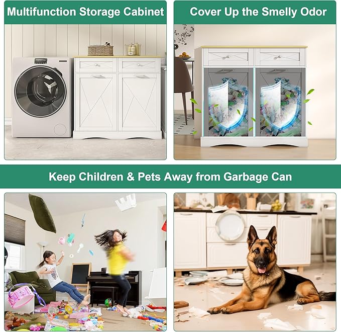 kepptory Tilt Out Trash Can Cabinet for 12 Gallon Trash Can, Modern Kitchen Island Cabinet with Adjustable Shelf and 2 Drawers for Hidden Laundry Basket, Dog Proof Garbage Can, White
