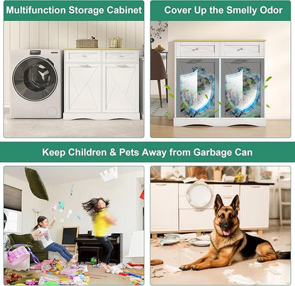 kepptory Tilt Out Trash Can Cabinet for 12 Gallon Trash Can, Modern Kitchen Island Cabinet with Adjustable Shelf and 2 Drawers for Hidden Laundry Basket, Dog Proof Garbage Can, White