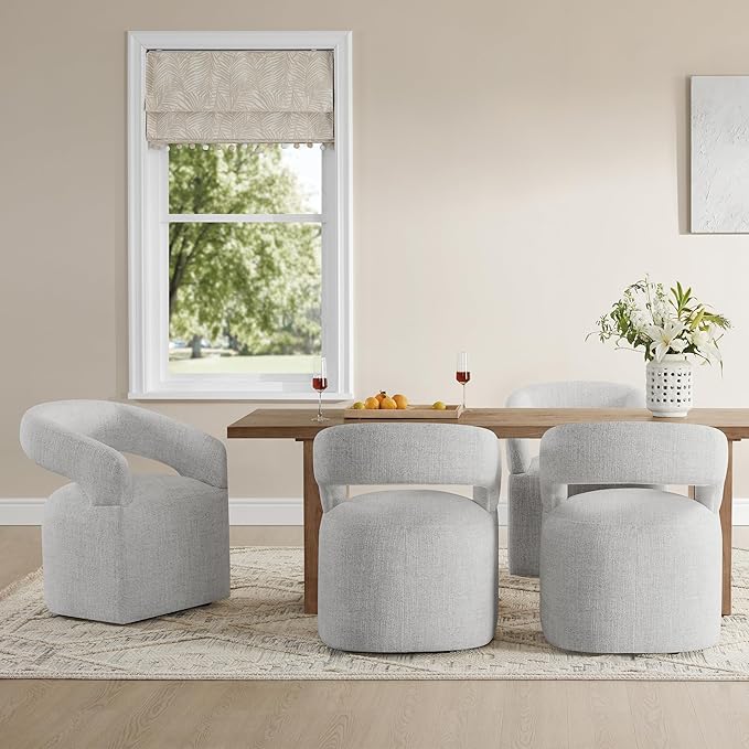KISLOT Upholstered Dining Chairs with Casters, Modern Barrel Side Armchair with Rollers for Dining Room, Bedroom, Kitchen, Reading Room, Light Gary, Set of 4