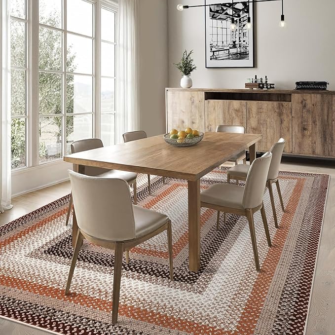 Imitation Braided Collection-Print Washable Rugs 9 x 12 Rug for Living Room Farmhouse Bedroom Rug Bordered Large Area Rug Non Slip Throw Rugs Stain Resistant Carpet for Office Dining Room