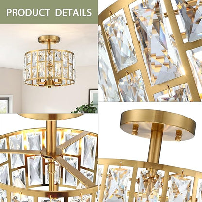 MEXO Gold Finish 3LT Crystal Semi Flush Mount Ceiling Light Fixture, Cylinder Drum Shade, Close to Ceiling, Perfect for Kitchen, Dining Room, Bedroom, Living Room, Entryway, Foyer