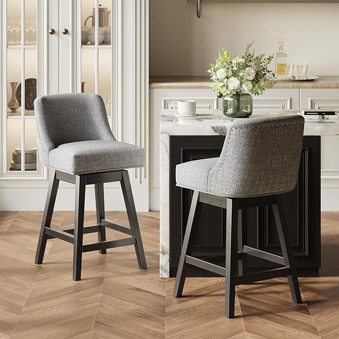 MALOL Swivel Bar Stools, 27" Counter Height Kitchen Stools with Padded Seats and Solid Wood Legs, Upholstered Barstools for Kitchen Island, Breakfast Nook (Dark Gery)