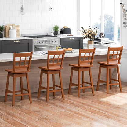 Giantex 24.5" Bar Stools Set of 2, Farmhouse Swivel Barstools with 6-Grid Hollow Back & Ergonomic Contoured Seat, Footrest, Wooden Counter Height Bar Stools for Kitchen Island, Bar, Cafe, Walnut