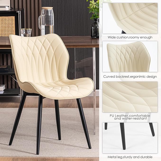 Kidol & Shellder Dining Chairs Set of 2, PU Leather Upholstered Kitchen Chairs with Back Armless, Mid Century Modern Side Chair for Dining Room, Living Room, Lounge, Restaurant, Beige