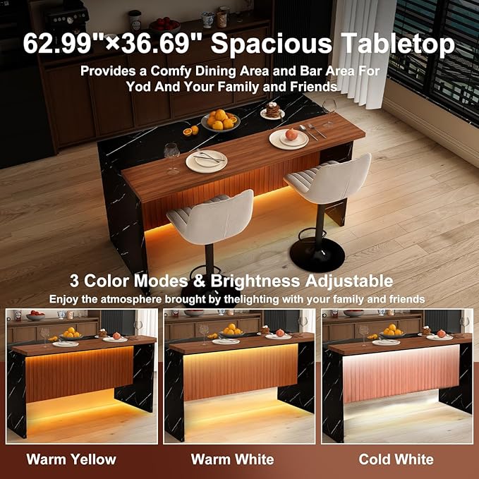 63" Modern Kitchen Island Set with 2 Gray Stools Black Marble Look Spacious & Functional Design Dining Room, Open Concept Spaces, Lounge