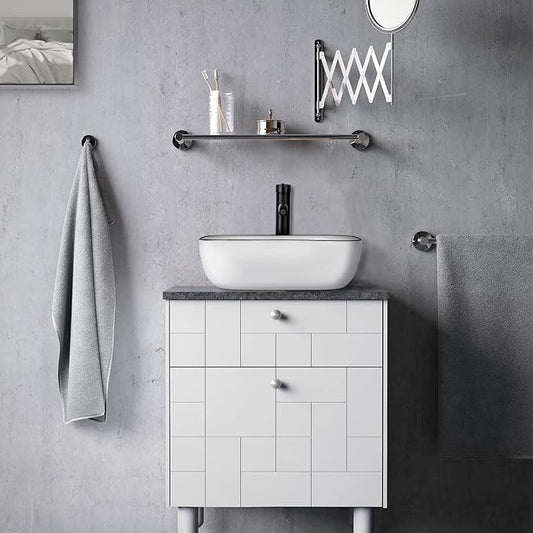 Bathroom Vessel Sink with Faucet Combo, 18" x 13" White Ceramic Above Counter Basin with Black Rim, Modern Rectangular Porcelain Vanity Sink & Pop-Up Drain for Lavatory