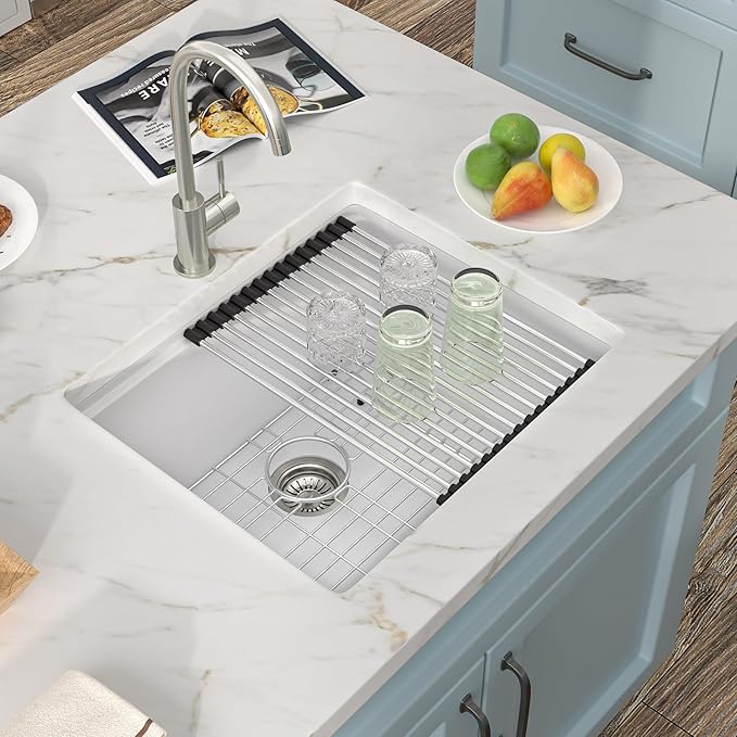 21"x18" Undermount Wet Bar Sink Workstation - White Granite Composite Quartz Classic Single Bowl Under Counter Small Kitchen Bar Prep RV Sink Basin