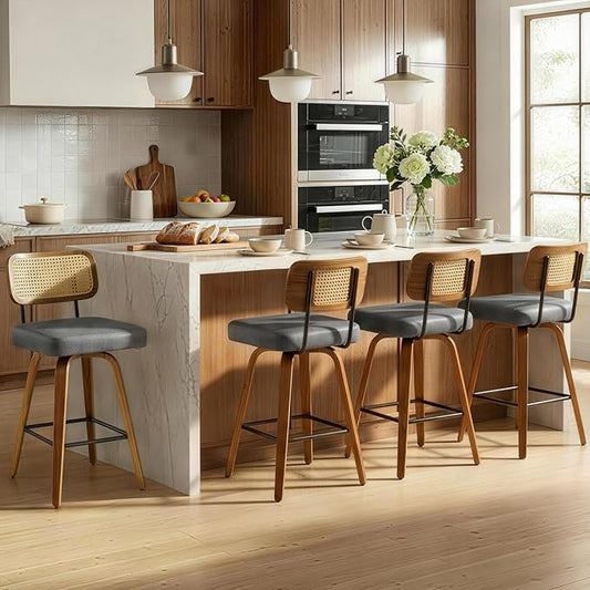 Swivel Bar Stools Set of 4, 26" Upholstered Counter Height Bar Stools with Rattan Back and Bent Walnut Wood Legs, Faux Leather Modern Barstools for Kitchen Island,Rattan Gray