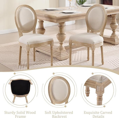 French Country Dining Chairs Set of 2, Upholstered Rattan Dining Chair with Round Backrest, Farmhouse Vintage Dining Chairs for Living Room, Kitchen, Restaurant (Beige-Padded, Set of 2)