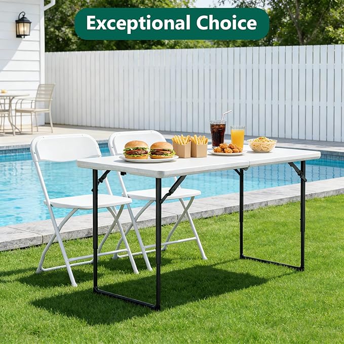 Folding Table 48" x 24" - Heavy Duty Fold-in-Half Plastic Table with Adjustable Height, Portable Utility Tables with Steel Legs for Indoor, Outdoor, Picnic, Camping, Dining, Party (White)