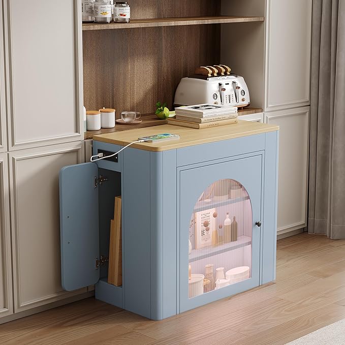 15.6" - 59" Extendable Dining Table, Mobile Kitchen Island with Storage Cabinet, Power Outlet and LED Lights, Space-Saving Dining Table for Small Spaces, Blue and Natural