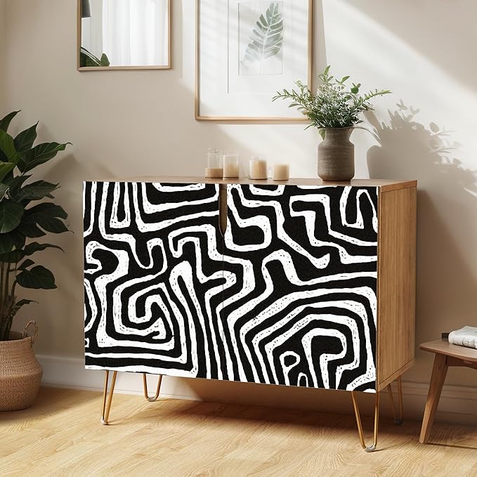 SIGNWIN Sideboard Buffet Cabinet, Kitchen Storage Cabinet with 2 Doors, Black & White Mid-Century Patterns, Cupboard Console Table for Dining Room - 35" L x 18" W x 29" H